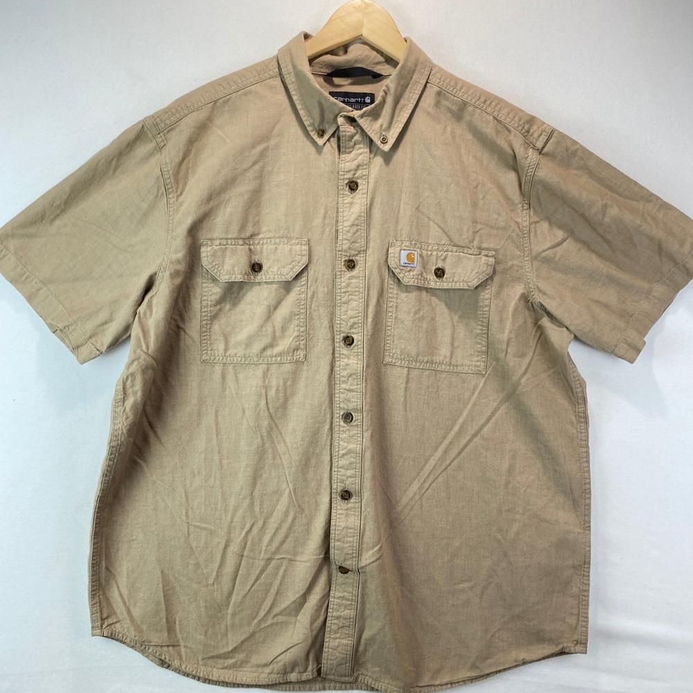 Carhartt Relaxed Fit Short Sleeve Button Down Mens XL Tan Cotton Work Shirt